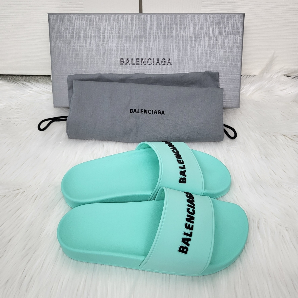 NIB BALENCIAGA Mint and Black Pool Slide Sandal Slippers Size 37 - Picture 4 of 8